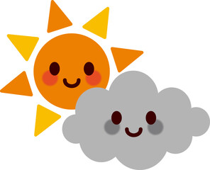 笑顔のお天気アイコン（曇り時々晴れ, 太陽, 雲, 晴れ, 曇り）weather icon（cloudy, sometimes sunny）
