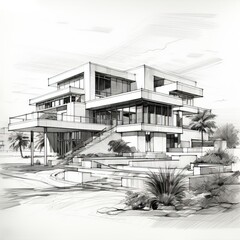 Hand drawn, architecture sketch of a modern luxury building, generative ai
