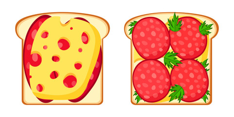 Set of delicious sandwiches in cartoon style. Vector illustration of sandwiches with different fillings on white bread: butter, cheese, sausage, parsley isolated on a white background.