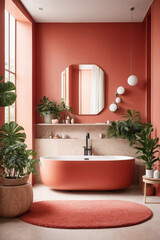 Modern rustical bathroom interior, light red bathroom cabinet, white sink, wooden vanity, interior plants, bathroom accessories, light red bathtub. Image created using artificial intelligence.