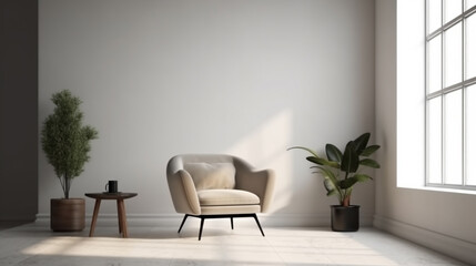 Modern minimalist interior with an armchair on empty white wall background. Generative AI