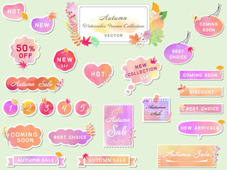 かわいいステッカー風の紅葉と水彩フレームセット　秋のセールのベクターイラストバナーテンプレート