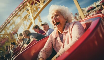 Obraz na płótnie Canvas Joyful elderly woman riding in an amusement park