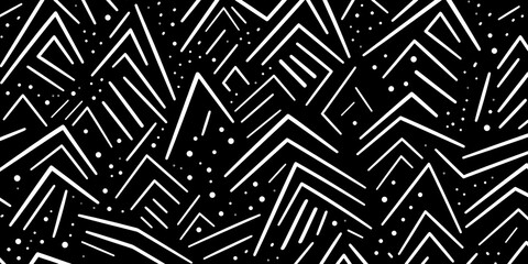 Seamless whimsical abstract hand drawn playful geometric polygon stripe doodle pattern. Trendy black and white diamond geode landscape line art drawing background. Simple monochrome, Generative AI