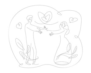Abstract couple touching by one line vector illustration. Romantic man and woman reaching to hug each other, showing love with hearts on white background. Love, romance, Valentines day concept