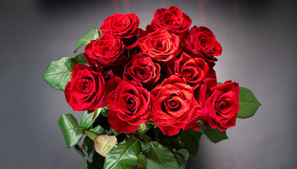 Obraz premium Bouquet of red roses on a black background. Top view