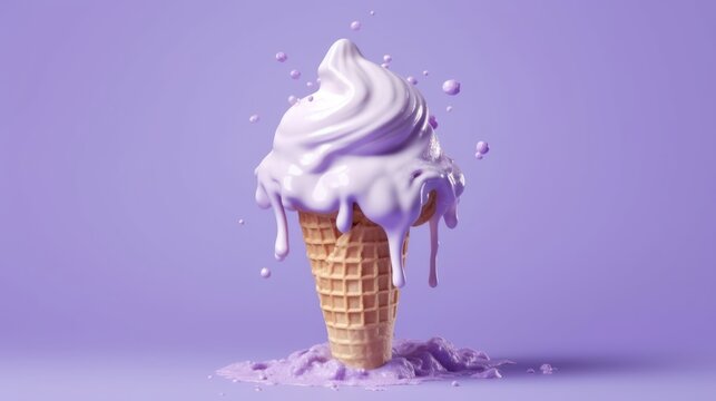 Illustration of a delicious ice cream cone with a swirl of white icing on a vibrant purple background