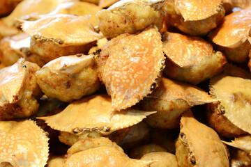 Fried crab in a market, closeup of photo with selective focus