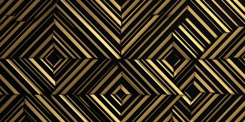 Seamless golden geometric striped diamond pattern. Vintage abstract gold plated relief on dark black background. Modern elegant metallic luxury backdrop. Maximalist gilded age wallpaper, Generative AI