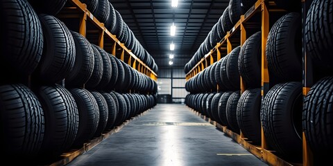 Car tires at warehouse. Generative AI. - obrazy, fototapety, plakaty