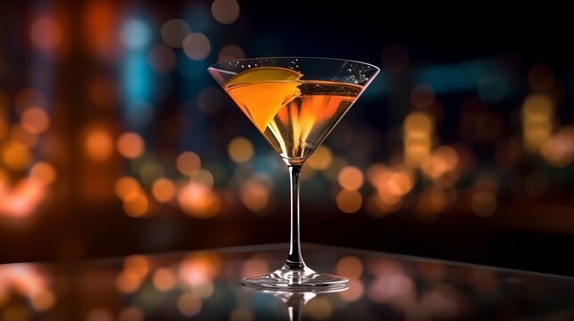 Cocktail in a dimly lit bar, moody atmosphere, cosy and warm