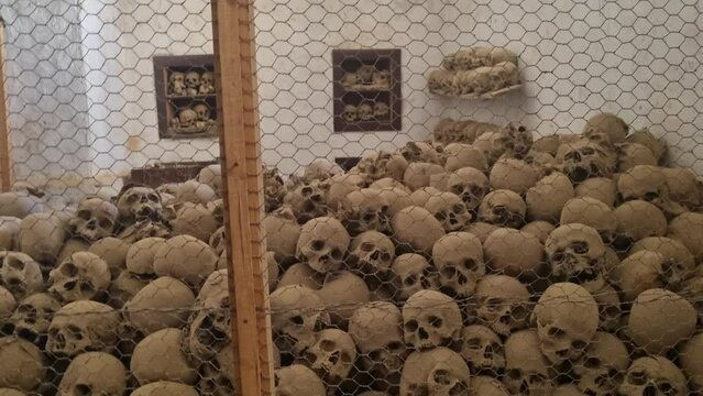 Room full of skulls of deceased monks in Saint Catherine's Monastery in Sinai Peninsula Egypt