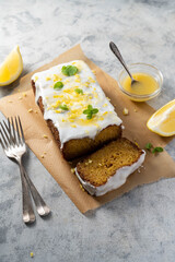 Lemon drizzle loaf cake, homemade sponge soft cake with sugar icing