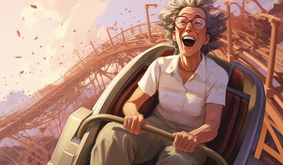 Joyful elderly woman riding in an amusement park