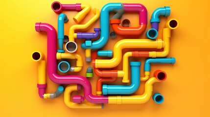 Colorful 3D illustration of various types of intertwined pipes on yellow background