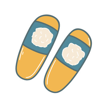 Womens house shoes clip art. Cute slippers with pampons hand drawn isolated vector illustration