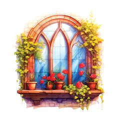 Fototapeta na wymiar Vintage window surrounded by red flowers watercolor painted vector.