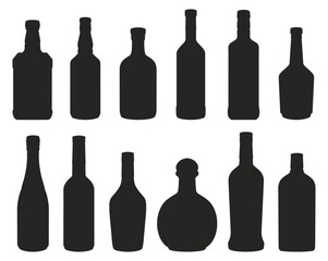 Alcohol bottles monochrome set silhouette