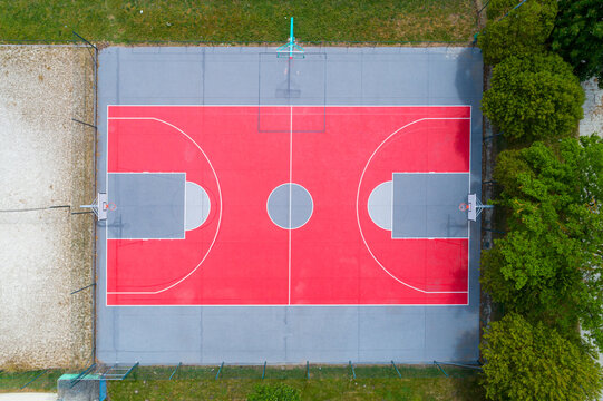aerial overhead view of outdoor basketball court