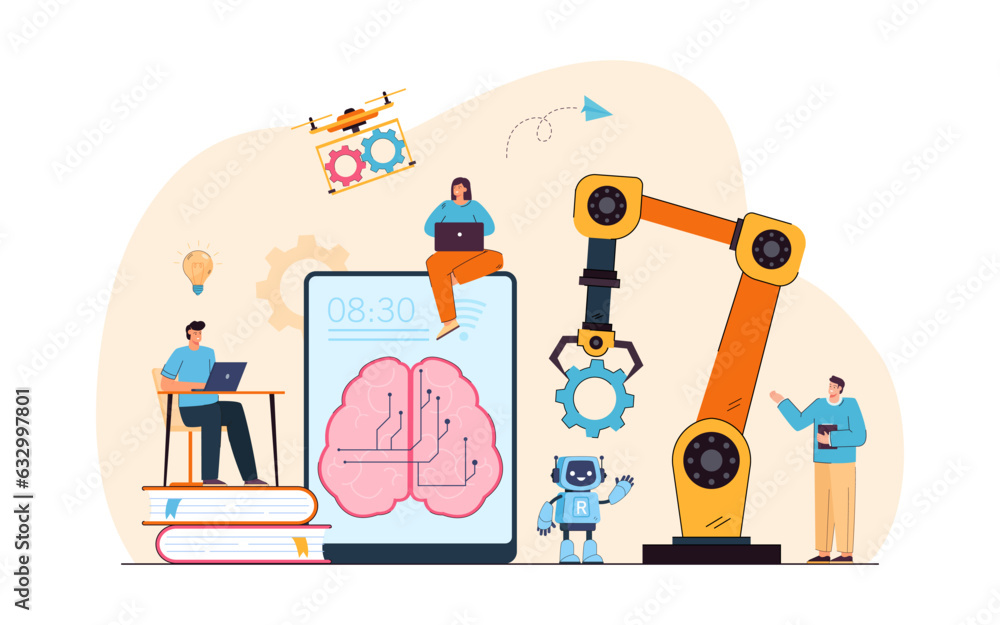 Poster ai robots in industrial revolution vector illustration. people training to work with advanced techno