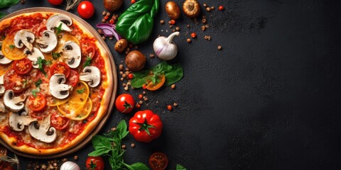 Tasty Italian pizza close-up. View from above. Place for text. Generative AI