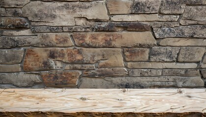 stone wall background, natural stone wall front on the wood table 