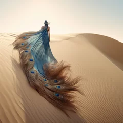 Selbstklebende Fototapete Abu Dhabi Woman in a long blue dress with peacock feathers walking in the desert with flowing fabric in the wind