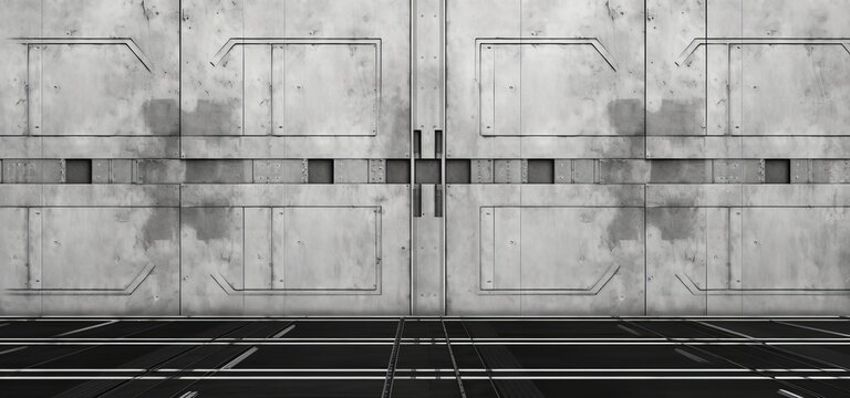 Seamless concrete or galvanized metal wall or floor panel background texture overlay. Monochrome black and white warning stripe scifi spaceship docking bay runway pattern. 3D rendering, Generative AI