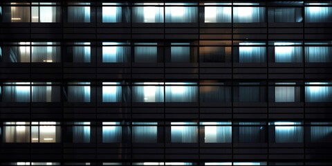 Seamless skyscraper facade with windows and blinds at night. Modern abstract office building background texture with glowing lights against dark black, Generative AI - obrazy, fototapety, plakaty