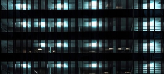 Seamless skyscraper facade with windows and blinds at night. Modern abstract office building background texture with glowing lights against dark black, Generative AI