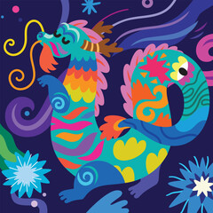 Cute bright abstract Chinese Zodiac Dragon among the stars and fireworks