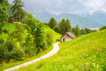 Green meadows with rural road, wooden house, mountains and forest on backgound at sunset in summer, Italy