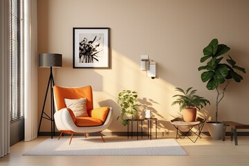 The sunny and well lit living room features a white toilet, a stylish armchair, a frame for a mock up poster, a carpet, various decorations, a vinyl recorder, and personal accessories. This space
