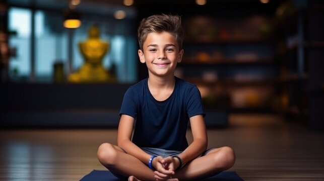 Photography of a pleased, child boy that is doing yoga wearing a fitness attire against a yoga studio background. Generative AI