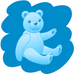 Vector drawing of a blue sitting toy bear on a blue background