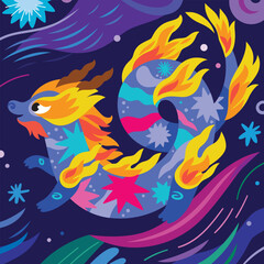 Cute bright abstract Chinese Dragon among the stars and fireworks