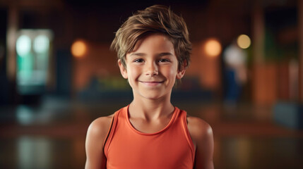 Photography of a pleased, child boy that is doing yoga wearing a fitness attire against a yoga studio background. Generative AI