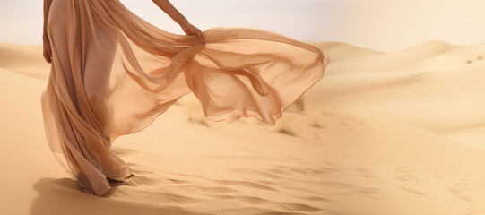 Woman in a long dress walking in the desert with flowing fabric in the wind