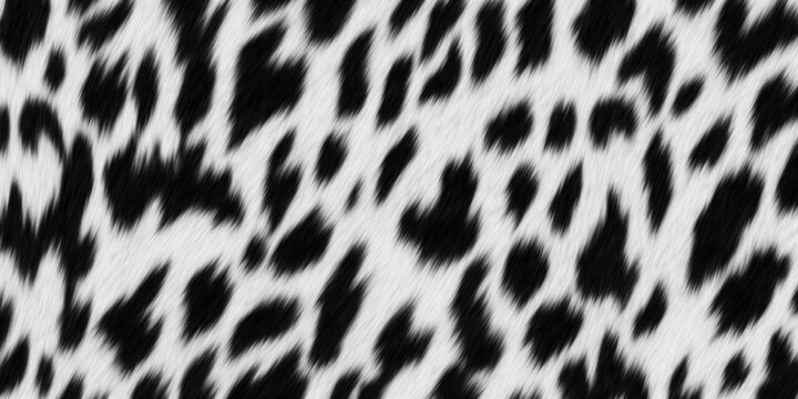 Seamless soft fluffy large mottled cow skin, dalmatian or calico cat spots camouflage pattern. Realistic black and white long pile animal print rug, Generative AI