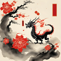 Dragon on the ink-painting cloudy tree with red flowers around