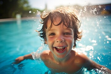 Fototapeta na wymiar Happy Boy Learning to Swim in the Pool. Exciting Water Adventure for Children and Young Kids, Fun and Joyful Experience: Generative AI