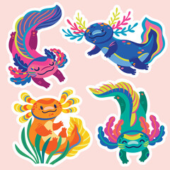 Sticker set of cute cartoon axolotls, amphibian creatures - 633000066
