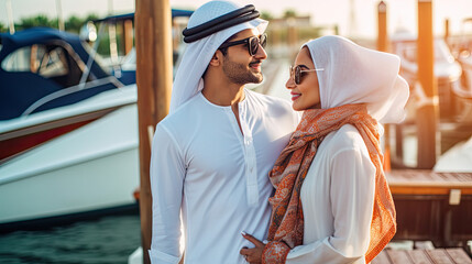Happy Arabic family. Positive couple with traditional clothes dating outdoors in sea resort