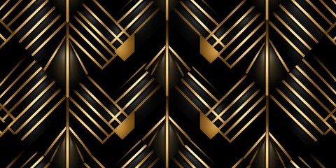 Seamless golden Art Deco diamond line pattern. Vintage abstract geometric gold plated relief sculpture on dark black background. Modern elegant metallic luxury backdrop. High resolution, Generative AI