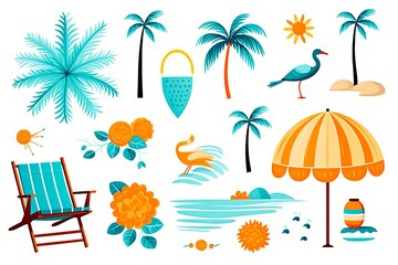 Summer Elements Set: Sun, Palm Tree, Beach Umbrella, Calligraphy, Tropical Flowers, and Birds. Perfect for Summertime Scrapbooking, Cards and Invitations: Generative AI