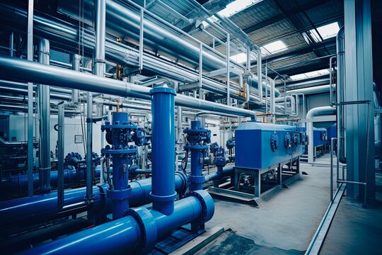 Industrial Water Treatment Plant with Large Boiler Room and Steel Metal Equipment in Blue Tones. Reverse Osmosis Plant - RO Technology: Generative AI