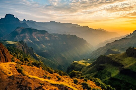 Scenic Sunrise Landscape of Simien Mountains in Ethiopia's National Park with View Point near Chenek Camp amidst Mountain Chain and Natural Beauty: Generative AI
