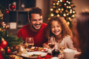 Winter holidays and people concept - father with daughter at the table celebrates christmas and new year. Home holiday. Blurred background. Selective focus.