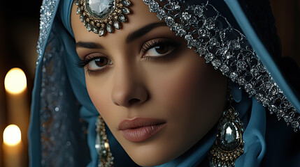 Portrait of islamic woman smiling. Pretty muslim girl. Beautiful asian muslimah woman model posing on grey wall studio. Portrait Of Arab Beauty.