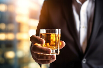 A businessman holds a glass of whiskey with ice in his hands. Close-up. Dark blurred background. Business negotiations with a glass of alcohol.